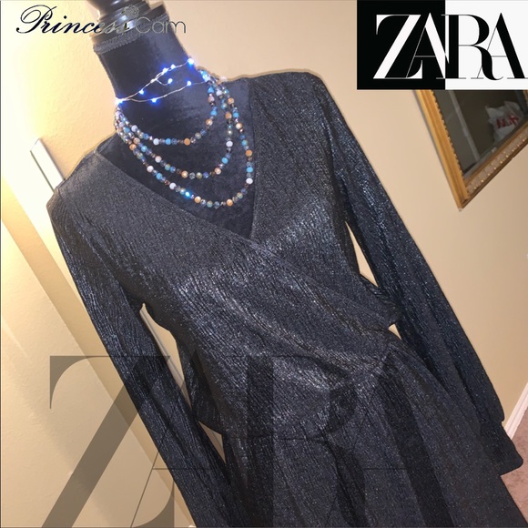 🆕 Zara Black Metallic Surplice Mini Dress Sz M - Picture 2 of 8